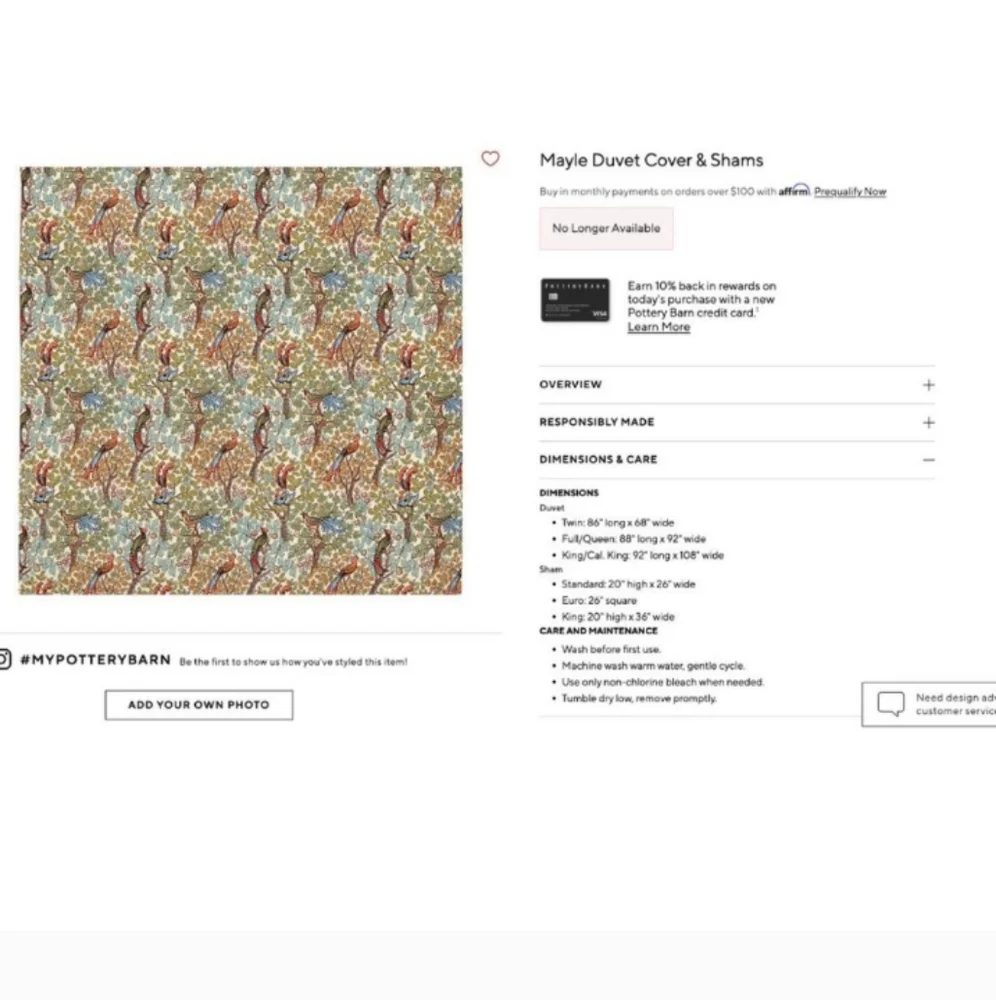 Pottery Barn Mayle Queen Duvet Cover And Shams Birds Botanical Floral